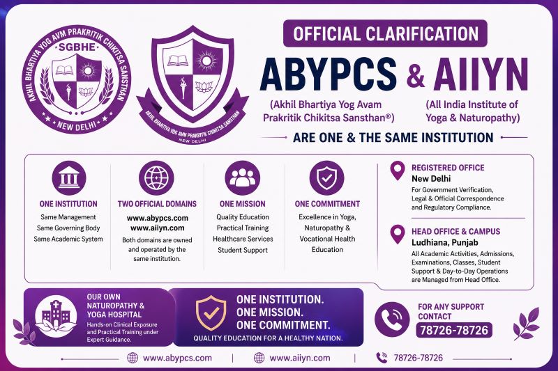 Official Clarification: ABYPCS (Akhil Bhartiya Yog Avam Prakritik Chikitsa Sansthan®) & AIIYN (All India Institute of Yoga & Naturopathy) Are One & the Same Institution